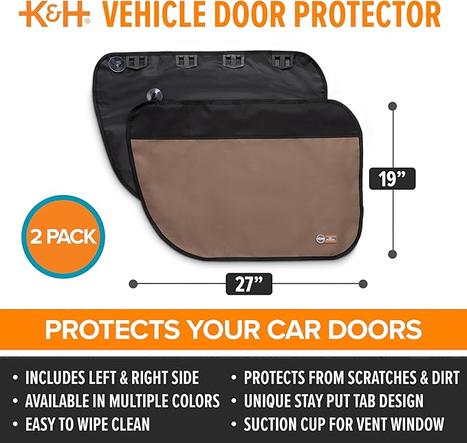 K&H Pet Products Car Door Protector for Dogs, 2 Pack Waterproof Interior Pet Car Door Protector from Dog Scratching, Stay Put Cover Design, Fits Most Vehicles, Washable - 27 x 19in Tan
