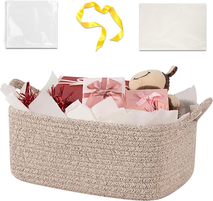 OIASKET Basket for Gifts Empty, Woven Storage Basket with Gift Bag, Ribbon and Wrap Tissue Paper, Small Rope Toy Storage with Handles for Baby Shower, Dog Toy Organizer, 13.6" x 10" x 5.9”