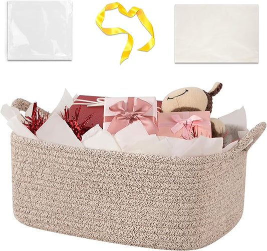OIASKET Basket for Gifts Empty, Woven Storage Basket with Gift Bag, Ribbon and Wrap Tissue Paper, Small Rope Toy Storage with Handles for Baby Shower, Dog Toy Organizer, 13.6" x 10" x 5.9”