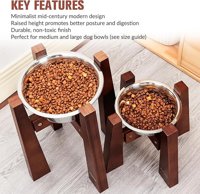 Elevated Dog Bowl Stand for Medium Dogs, Sturdy Bamboo Raised Dog Food and Water Feeding Station - Adjustable Sideways (3 Cup Bowl Included)
