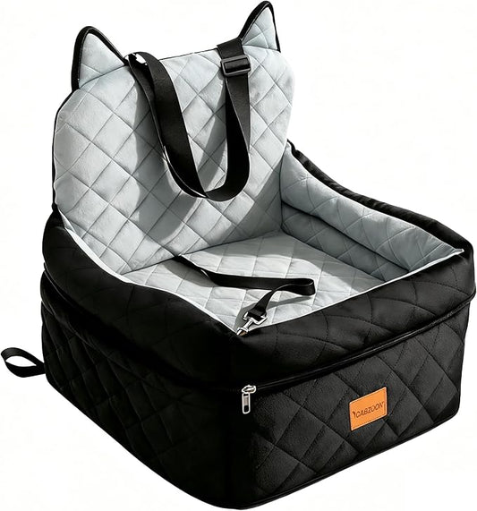 CABZOON Dog Car Seat for Small/Medium Dogs Up to 35lbs,Elevated Cushion Fits in Front/Back Seat,Travel Safety Per Car Bed with Washable Removable Cover, Storage 2 Pockets Black-Grey