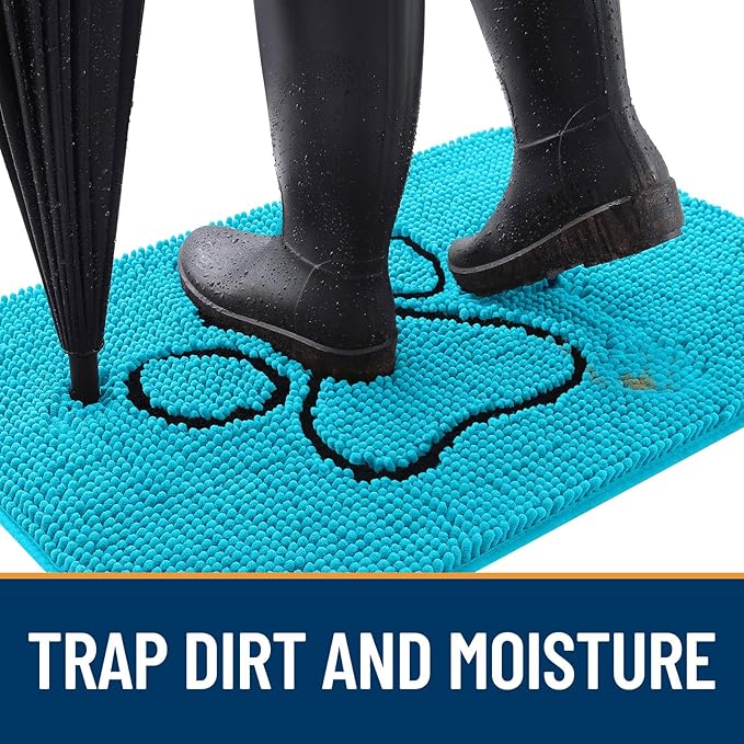 OLANLY Dog Door Mat for Muddy Paws 36x24, Paw Print Design, Absorbs Moisture and Dirt, Absorbent Non-Slip Washable Doormat, Quick Dry Chenille Mud Mat for Dogs, Entry Indoor Entryway Carpet, Aqua Blue