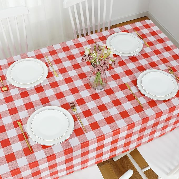 Romanstile Gingham Rectangle Plastic Tablecloth, 100% Waterproof Oil-Proof Checkered PVC Table Cloth, Heavy Duty Vinyl Table Cover for Dining, Camping, Picnic, Outdoor - 54 x 120 Inch, Red and White