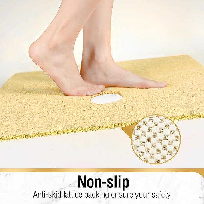 HITSLAM Square Shower Mat, 24 x 24 Inch Non Slip Bath Mat for Tub, Soft PVC Loofah Bathtub Mats with Drain Holes, Quick Drying Bathroom Stall Floor Mat, Bathroom Accessories Without Suction Cup, Beige