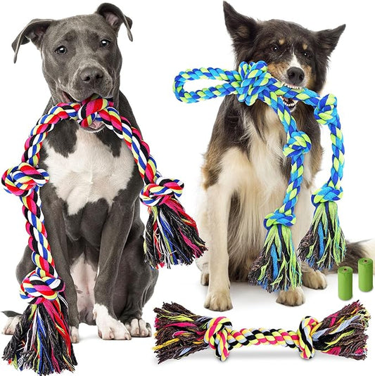 Heavy Duty Dog Toy for Aggressive Chewers – Tough Chew Toys for Large Dogs, Ideal for Tug-of-War & Teeth Cleaning, with 3 Rope Toys & 2 Dog Bags