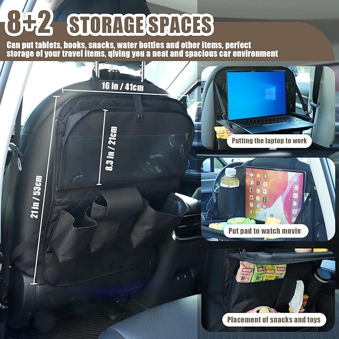 Car Seat Organizers,Multi-functional Back Seat Protectors, Storage Pouches, Child kicking prevention and Tray Holders Kick Mats Back (for Cars, Kids,and Rear Seats) (Black, 1 Pack with Food Tray)