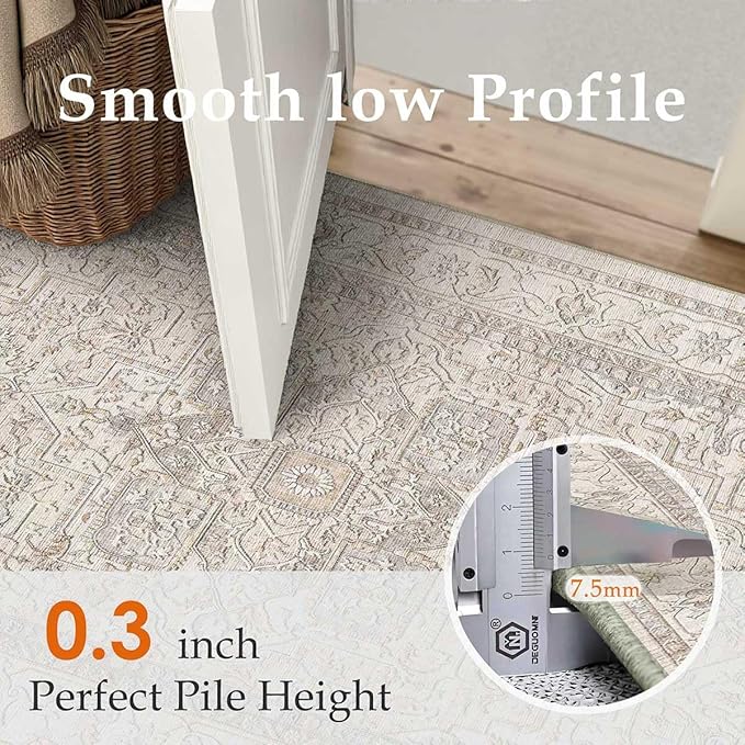 2x3 Washable Vintage Area Rug Beige Oriental Soft Entryway Throw Rug Neutral Non Slip Low Pile Small Carpet for Kitchen Bathroom Living Room Bedroom