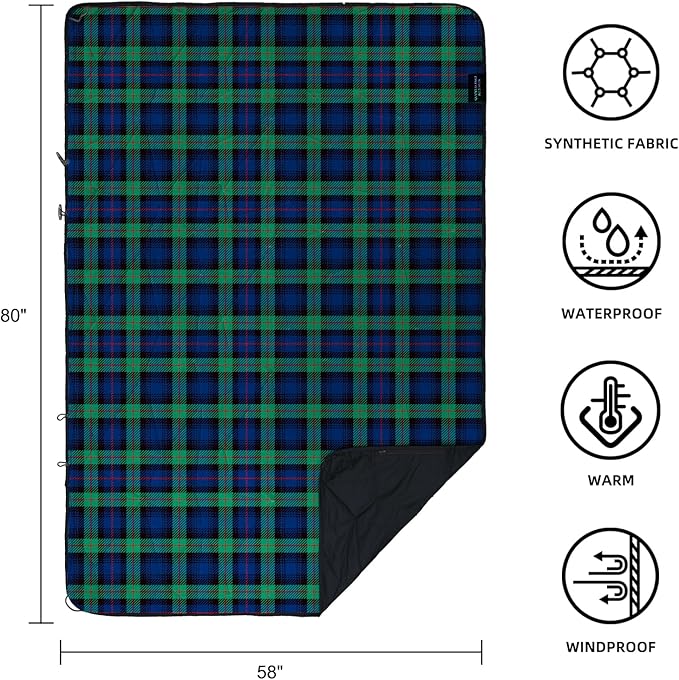 KawaGebo Kamp Outdoor Waterproof Blanket, Foldable Fleece Stadium Blanket for Outdoor Sports Event, Camping, Car, Pet, Picnics - Windproof, Wearable, Machine Washable 80" x 58" (Green Check)