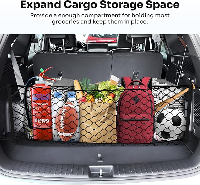 Trunk Cargo Net for 2014-2025 2026 Kia Sorento Accessories Envelope Style Mesh Trunk Net Organizer and Storage Stretchable Adjustable Elastic Nylon Rear Cargo Netting with Hooks