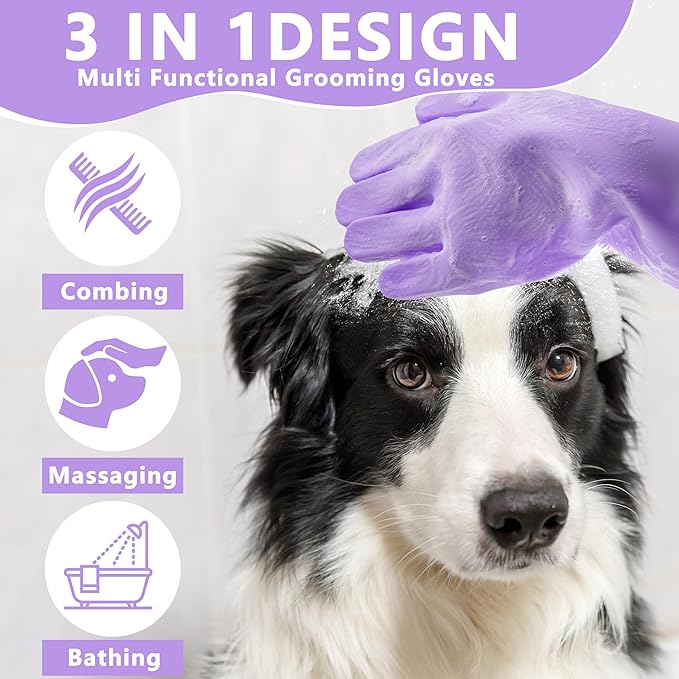 Maiiu Pet Grooming Gloves—Heat Resistant Dog Washing Gloves with High-Density Teeth, Dog Bath Scrubber with Enhanced Five Finger Design, Silicone Gloves for Dogs and Cats Bathing, Massage (Purple)