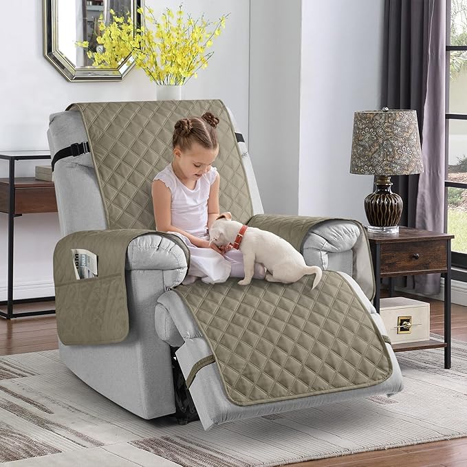 TAOCOCO 100% Waterproof Recliner Chair Cover Non-Slip Reclining Cover for Recliner Chair Washable Chair Seat Cover with Elastic Straps for Pets Sofa Slipcover with Pocket (Oversized 28'', Khaki)