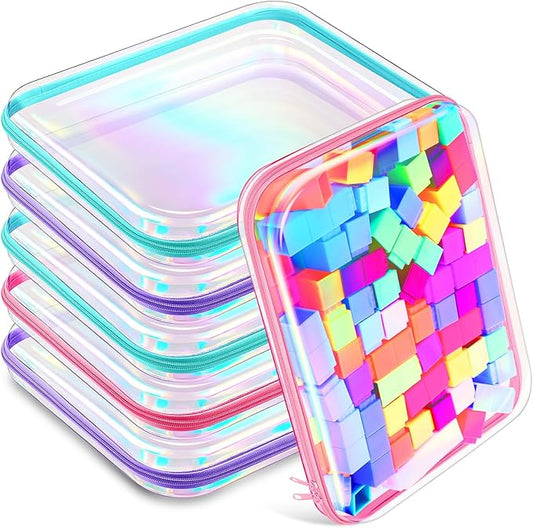 Sanwuta 6 Pcs Clear Hard Zipper Case Plastic Zipper Pouches Transparent Makeup Bag Pencil Case Pouches Toiletry Diaper Bag for Travel Toy Storage Organizer Bins(Holographic,13.78 x 11.81 x 2 Inch)