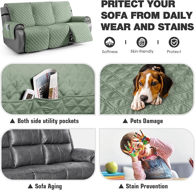 TAOCOCO 100% Waterproof Recliner Couch Covers, Recliner Sofa Covers with Leg Straps, 1-Piece Washable Reclining Sofa Cover with Pocket Couch Protector for Pets Kids(3 Seater, Sage Green)