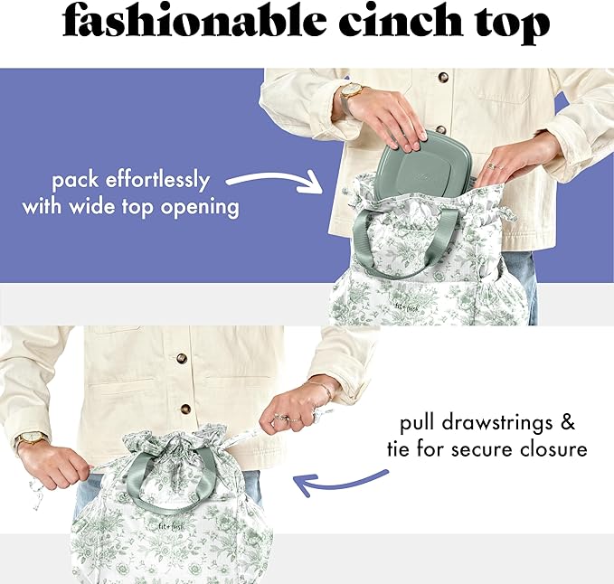 Fit & Fresh Cromwell Drawstring Lunch Bag for Women, Complete Lunch Set with 2 Containers, Stain-Resistant, Leak-Resistant, Back to School Essential, Teacher Lunchbox, Sage Floral Toile