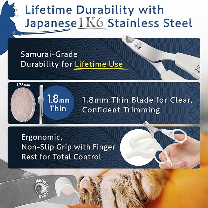 HIBINO Samurai-Grade Cat Nail Clippers | Vet Recommended | Sharper, Quieter & Safer | Precision Blade for Stress-Free Grooming | Non-Slip Grip | Lifetime Durability | Made in Japan