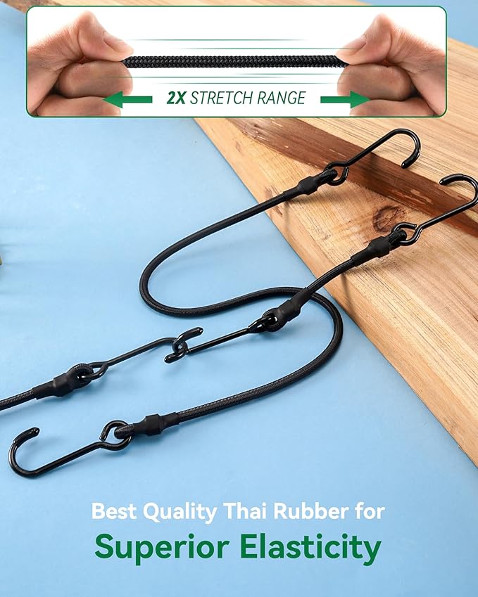 180 Lbs Real Heavy Duty Bungee Cords with Rust Resistant Steel Hooks, 120 Inch Black Bungee Straps with 2X Stretch & UV Protection, Perfect for Camping, Tarps, Tent, Bike, Luggage (2 Pcs)