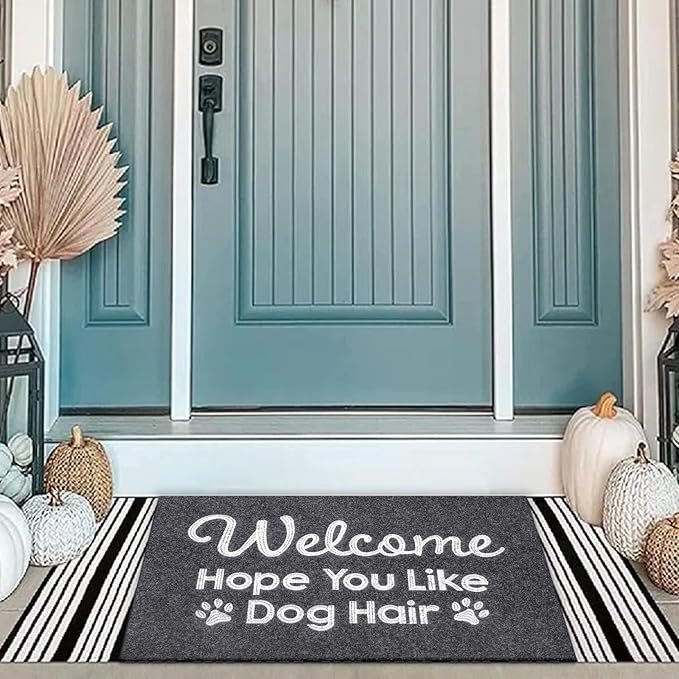 Gray Indoor Doormat, Dog Hair Mat Standard Welcome Front Door Entryway Mats, Funny Door Mat, Durable Non Slip Rubber Dirt Entrance Mats, 36" x 24"