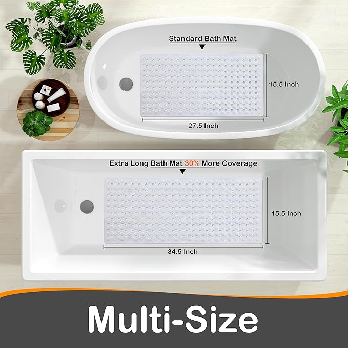 Yimobra Bath Tub Mat Non Slip, 34.5"x15.5" Long Shower Mat, Machine Washable Bathmat with Drain Holes and Suction Cups, Soft on Feet, Bathroom Essentials, White