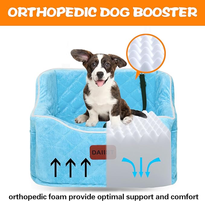 Dog Car Seat for Small Medium Dogs, Detachable Washable Dogs Booster Seat Under 35lbs, Elevated Dog Car Bed with Storage Pockets (Blue, One Size)