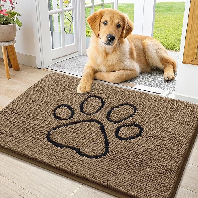 Smiry Dog Door Mat for Muddy Paws, Absorbent Dirt Trapper Non Slip Quick Dry Washable Chenille Mat for Mud Dogs, Entry Rug for Indoor and Outdoor (40x24 Inches, Camel and Black)