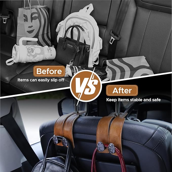 2PCS Leather Car Seat Hooks for Headrest, Vehicle Hanger Storage Organizer Universal for Handbag Purse, Car Accessories Gift (Brown-Black)