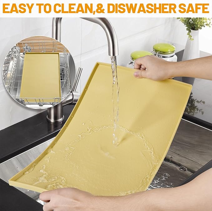 Hubulk Dog Feeding Mat,100% Waterproof Food Grade Silicone Pet Food and Water Bowl Placemat,Dishwasher, High Raised Edge to Prevent Spills,Nonslip Tray to Stop Messes on Floor（28"x18"x0.8", Yellow）