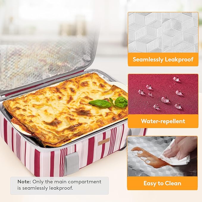 LUNCIA Insulated Casserole Carrier for Hot or Cold Food, Lasagna Lugger Tote for Potluck Parties/Picnic/Cookouts, Fits 9"×13" Baking Dish, Red