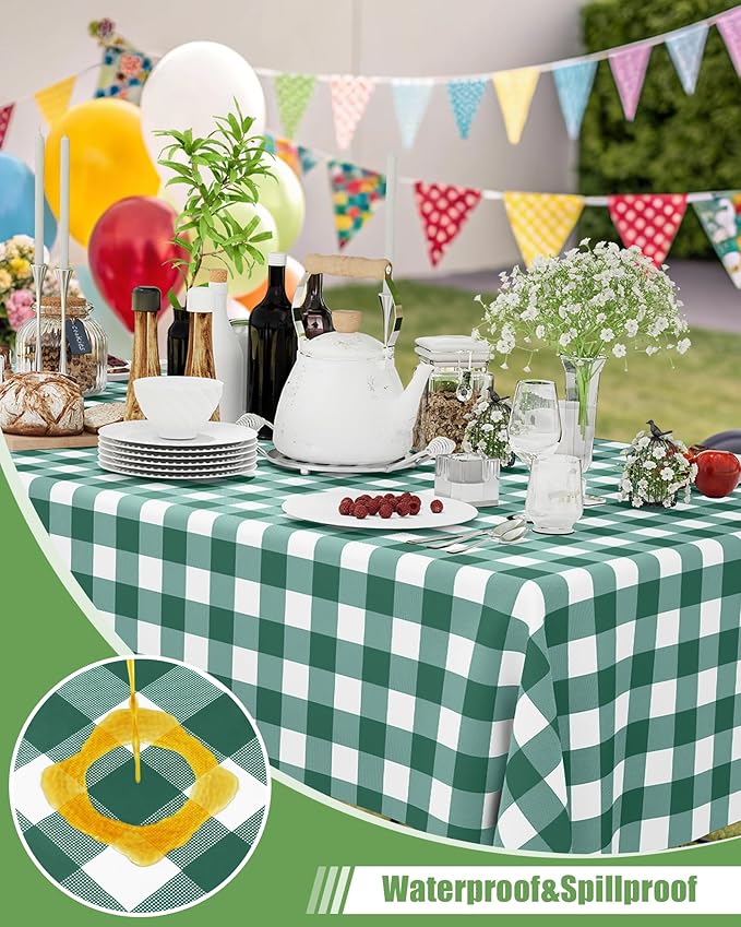 Smiry 8 Packs Gingham Disposable Table Cloth, 54 x 108 Inch Waterproof Plastic Tablecloth, Rectangle Hunter Green and White Checkered Table Covers for Picnic, Birthday, Party