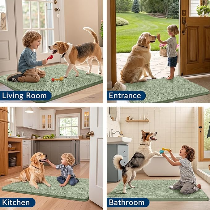 Smiry Dog Door Mat for Muddy Paws 71x46, Absorbs Moisture and Dirt Doormat, Non-Slip Washable Quick Dry Chenille Front Door Mat Indoor Entrance, Entryway Carpet for Inside Floor, Sage Green