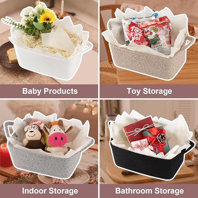 OIASKET Basket for Gifts Empty, Woven Storage Basket with Gift Bag, Ribbon and Wrap Tissue Paper, Small Rope Toy Storage with Handles for Baby Shower, Dog Toy Organizer, 13.6" x 10" x 5.9”