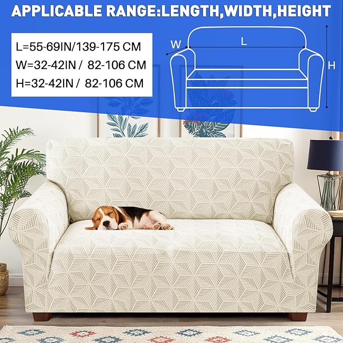 YEMYHOM 1 Piece Stretch Couch Covers for 2 Cushion Couch, Jacquard Loveseat Cover with Non-Slip Elastic Bottom, Thickened Slipcover Furniture Protector for Dogs Pets (Medium, Beige）