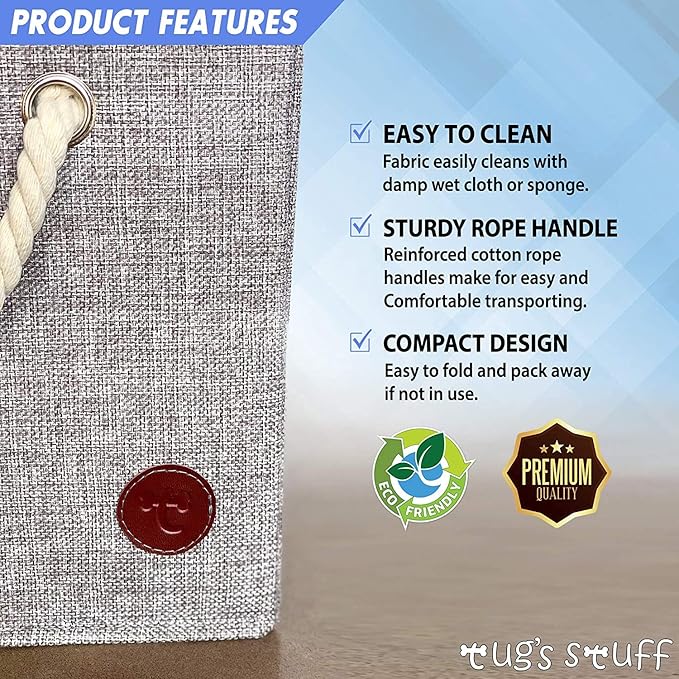 Tug's Stuff Premium Dog Toy Bin & Blanket Basket - Living Room & Nursery Storage, Easy to Clean, Collapsible, Perfect for Toy Organization - 13'x13'x11' - Grey