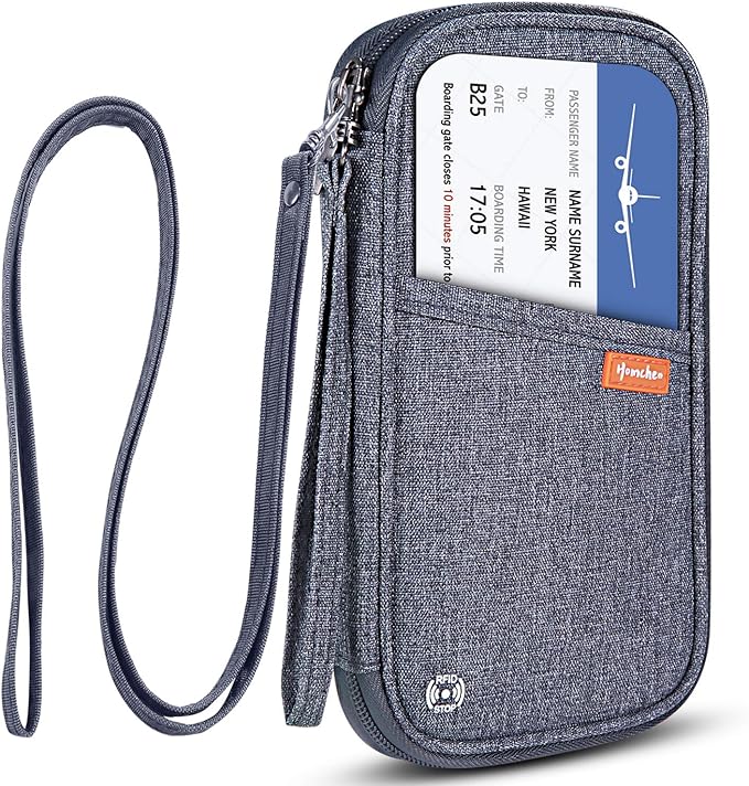 RFID Passport Wallet with Vaccine Card Slot, Family Travel Passport Holder Document Organizer Bag with Wrist & Neck Double Strap