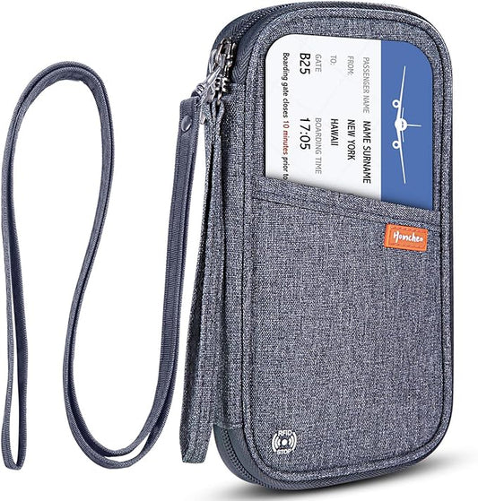 RFID Passport Wallet with Vaccine Card Slot, Family Travel Passport Holder Document Organizer Bag with Wrist & Neck Double Strap