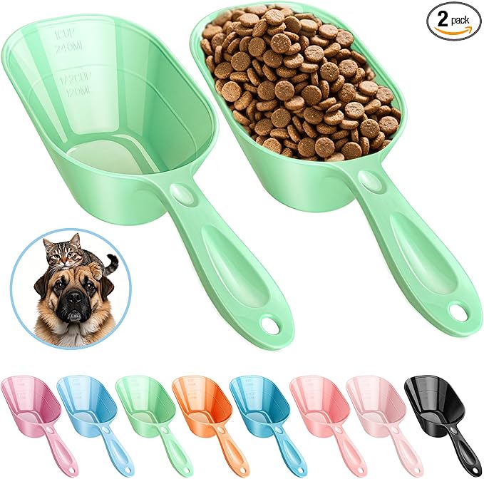 Fenenik Pet Food Scoop 2 Pack, Dog Cup Capacity Cat Food Scooper With Measuring Lines For Dog, Puppy and Cat Coffee Bean, Flour Scoop Light Green