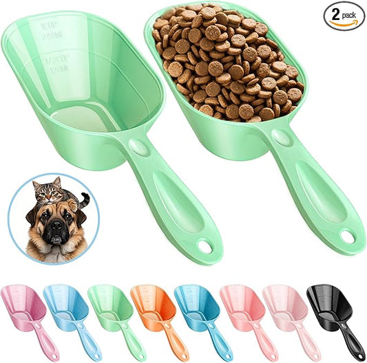 Fenenik Pet Food Scoop 2 Pack, Dog Cup Capacity Cat Food Scooper With Measuring Lines For Dog, Puppy and Cat Coffee Bean, Flour Scoop Light Green