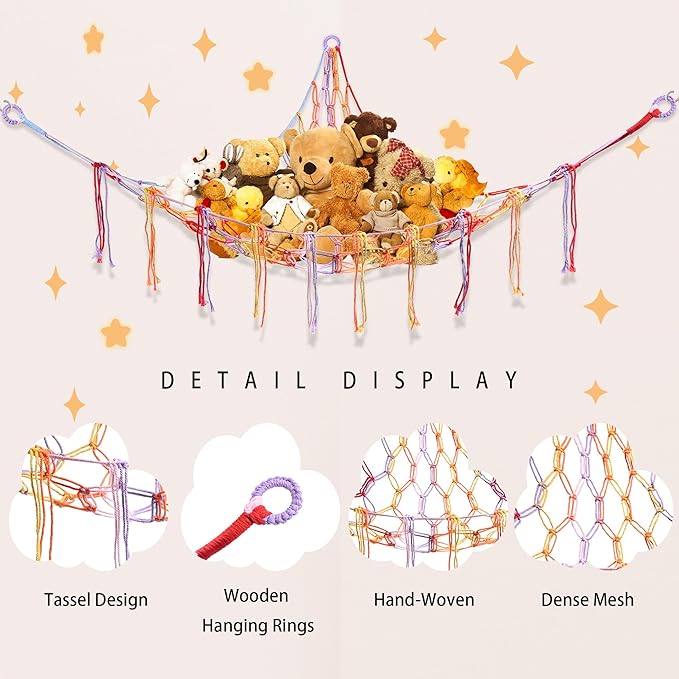 CERETIA Stuffed Animal Hammock with LED Light, Large Stuffed Animals Storage Corner Plushie Net for Kids Room Decor, Jumbo Rainbow