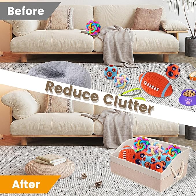 Large Dog Toy Basket With Handle, Foldable Dog Toy Box for Living Room Area, 20" Basket for Dog's Toys, Clothes, Organizers and Storage with Hard Board, Anti-slip for Pet Toys (Beige, Medium)