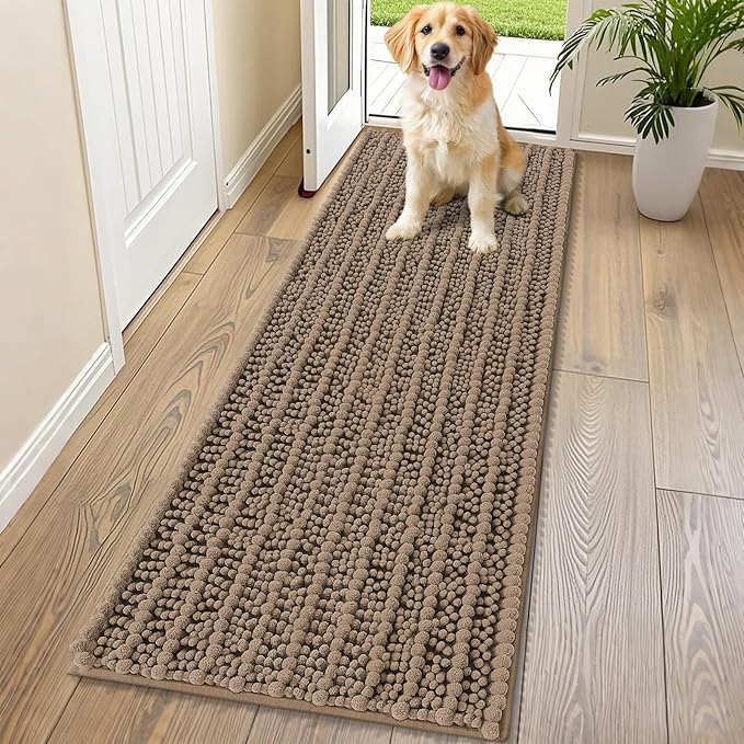 Smiry Dog Door Mat for Muddy Paws 70x24, Extra Soft Absorbent Chenille Doormat, Trap Moisture and Dirt, Non-Slip Machine Washable Front Door Mat for Indoor Entrance Inside Floor, Camel