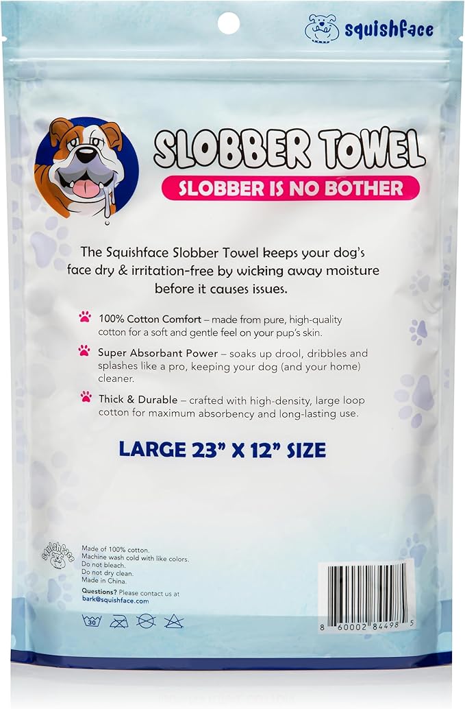 Squishface Slobber Towel, Thick & Durable Dog Towel - 100% Cotton, Soft & Gentle Drool Tamer, Large 23" x 12" Soft & Durable Cloth - Because Your Furry Friend's Slobber Deserves The Best!