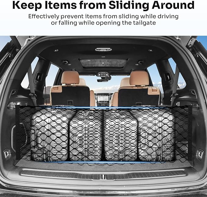 Trunk Cargo Net for 2021-2026 Jeep Grand Cherokee L (7 Seats) Accessories Envelope Style Mesh Trunk Net Organizer and Storage Stretchable Adjustable Elastic Nylon Rear Cargo Netting with Hooks