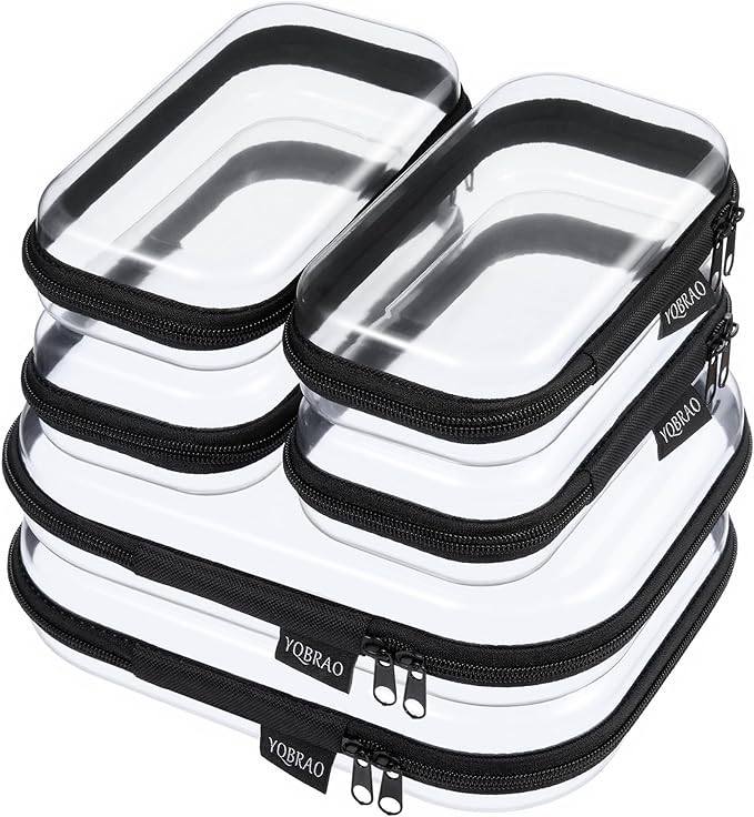 6 Pack Black Clear Hard Shell Beauty Organizer (2M+4S), 1.2mm Heavy Duty Crush-Proof Cosmetic Case, Reinforced YKK Zippers, Stadium Approved Security Bag for Skincare & Electronics, Multi-Size Set