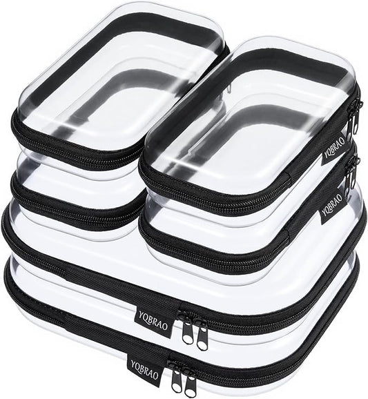 6 Pack Black Clear Hard Shell Beauty Organizer (2M+4S), 1.2mm Heavy Duty Crush-Proof Cosmetic Case, Reinforced YKK Zippers, Stadium Approved Security Bag for Skincare & Electronics, Multi-Size Set