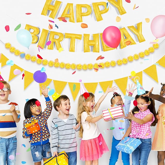 CANREVEL Pre-Strung 3D Happy Birthday Banner, 3 PCS Gold Happy Felt Garland, Pom Pom Garland, Triangle Fabric Bunting, Reusable Gold Birthday Decorations for Women Men Girls Boys