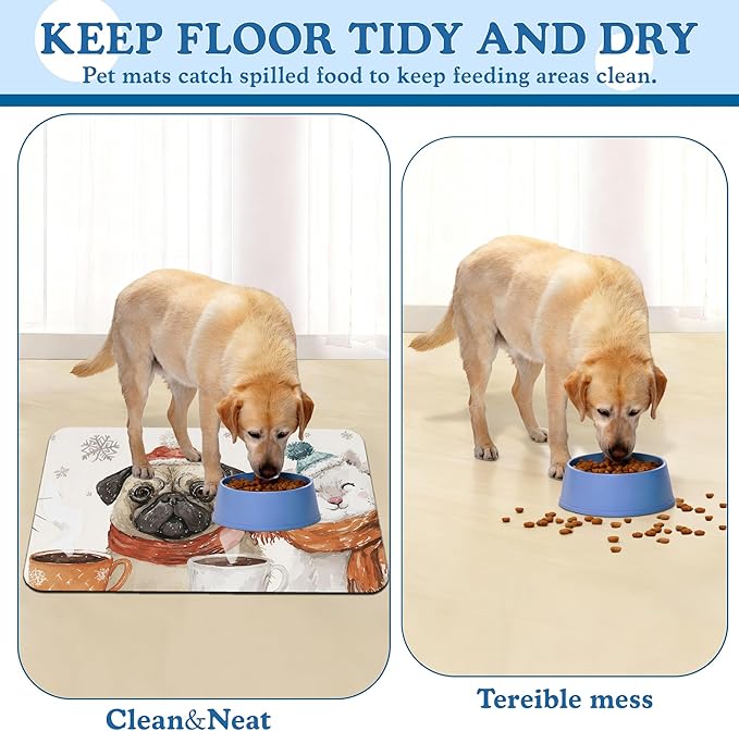 Chirstmas Dog Coffee Dog Cat Food Mat–Absorbent Waterproof Placemat for Food and Water Bowls, Non Slip Rubber Backing, Feeding Mat for Clean Floors 12"x20"