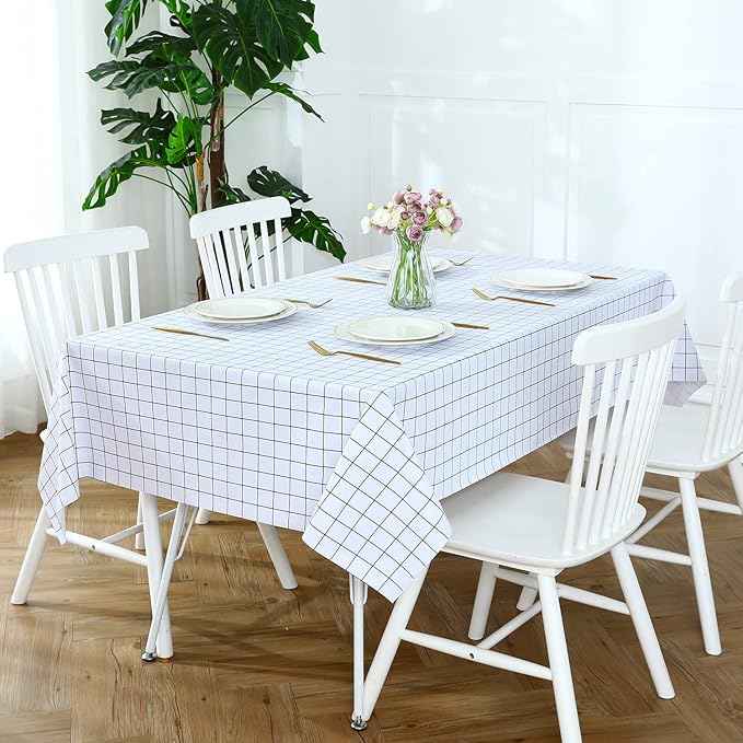 Romanstile Rectangle Vinyl Tablecloth, 100% Waterproof Oil-Proof Checkered Plastic Table Cloth, Heavy Duty Wipeable Table Covers for Dining, Camping, Picnic, Outdoor - 54 x 78 Inch, White