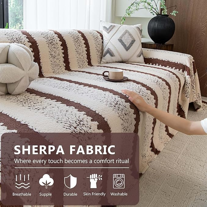 Sherpa Fleece Couch Cover for 2 Cushion Sofa, Brown, 71" x 118" – Pet Proof Sofa Covers, Heavy Duty, Scratch Resistant, Pet Friendly Furniture Cover – Easy Install, Machine Washable