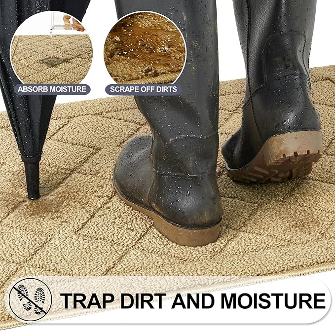 REFETONE Indoor Doormat, Front Back Door Mat 24"x36" Rubber Backing Non Slip Mats, Absorbent Washable Entrance Doormat for Entryway, Resist Dirt Low-Profile Inside Floor Mat for Muddy Shoes, Beige