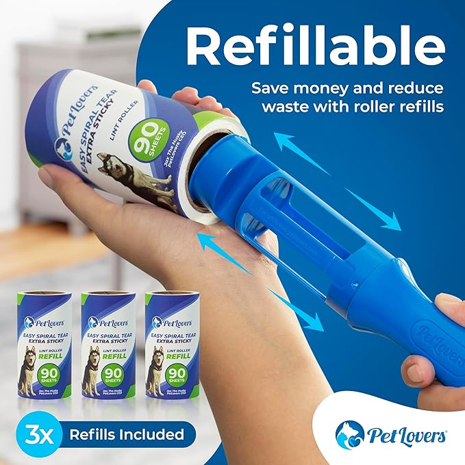 PetLovers Extra Sticky Lint Roller Mega Value Set 450 Sheets for Pet Hair Removal and Clothes, Dog and Cat Lint Remover 5 Pack