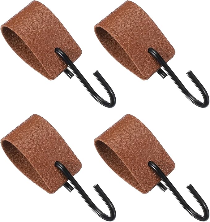 uxcell 4 Pcs PU Leather S Hooks, Multifunctional S Shaped Hooks for Hanging Coat Towel Camping Kitchen Bathroom Handle, Brown